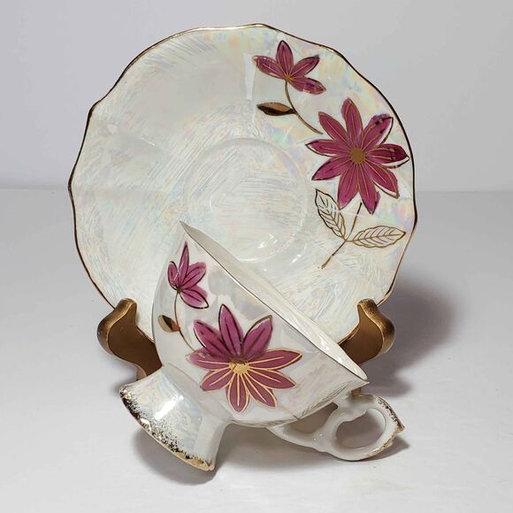 Nasco Teacup and Saucer Pink Flowers Opalescent Vintage - Picture 10 of 10